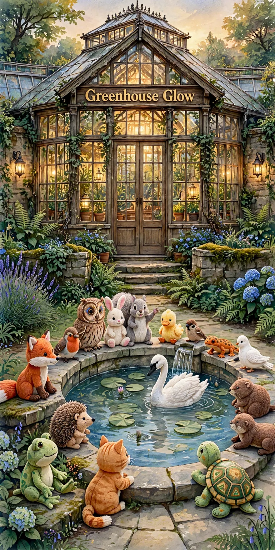 The gardeners of Greenhouse Glow gathered around the fountain